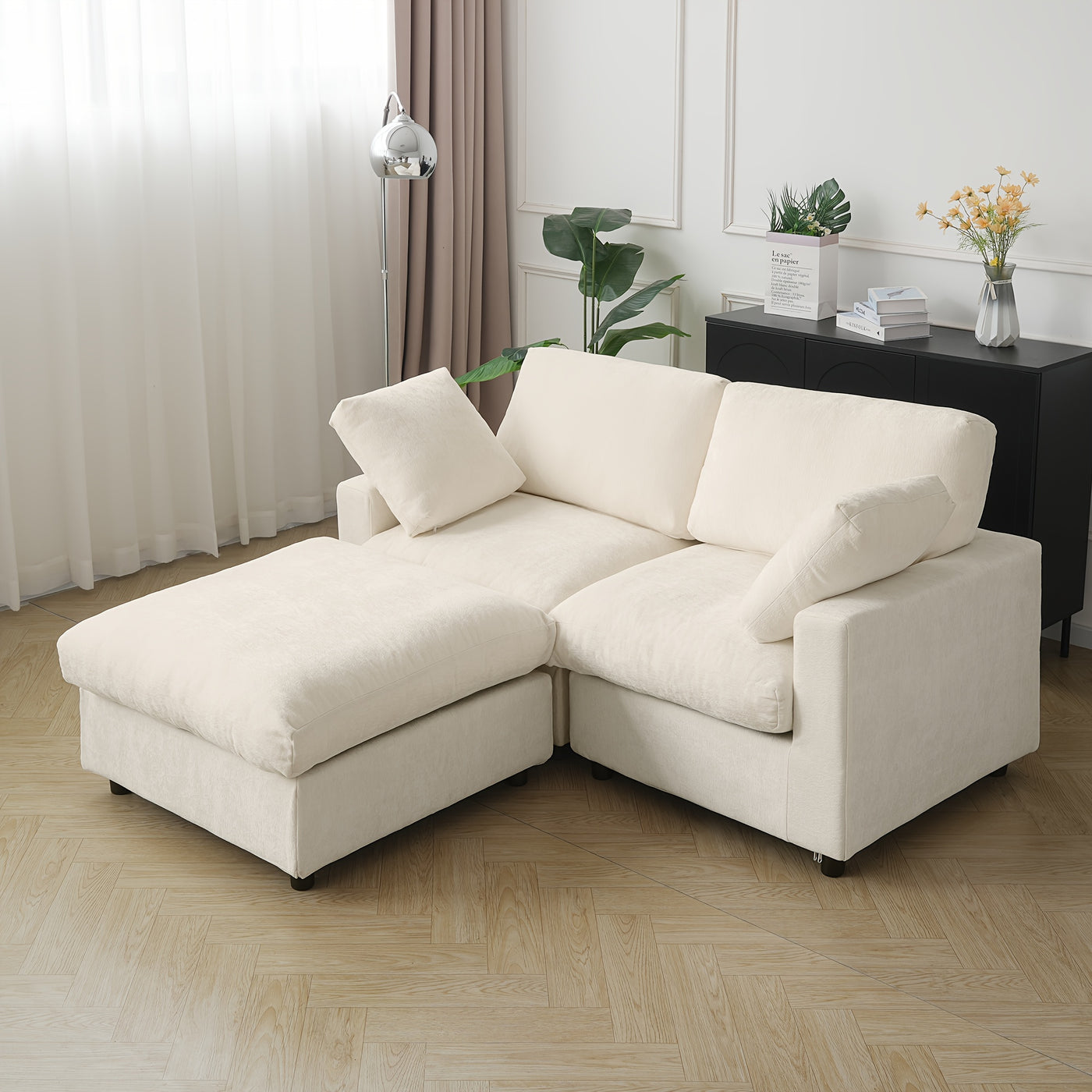 67" Modern Convertible Modular Sectional Sofa with Chaise Ottoman - Black Cloud Design, Washable Fabric & Linen-like Cover, Hardwood Frame, Plush Cushion Backrest, Minimalist L-Shaped or Straight Configuration for Living Room