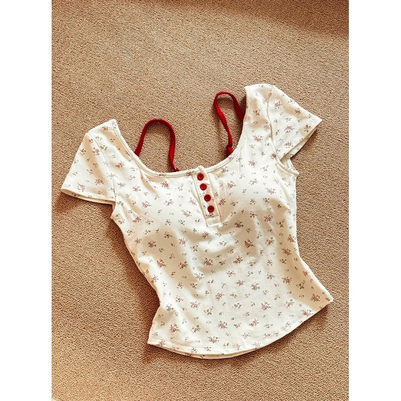 Pure Desire Floral Square Collar Shoulder Short-sleeved T-shirt Women's Summer With Chest Pad