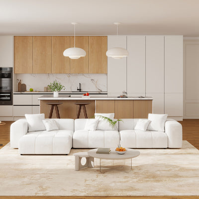 144" Modern White Linen Modular Sectional Sofa with 2 Ottomans - 3-Seater L-Shaped or U-Shaped Configurations, Plush Cushioned Deep Seat, Hardwood Frame & Chenille Fabric, Removable Washable Cover, Neutral-Toned Living Room C