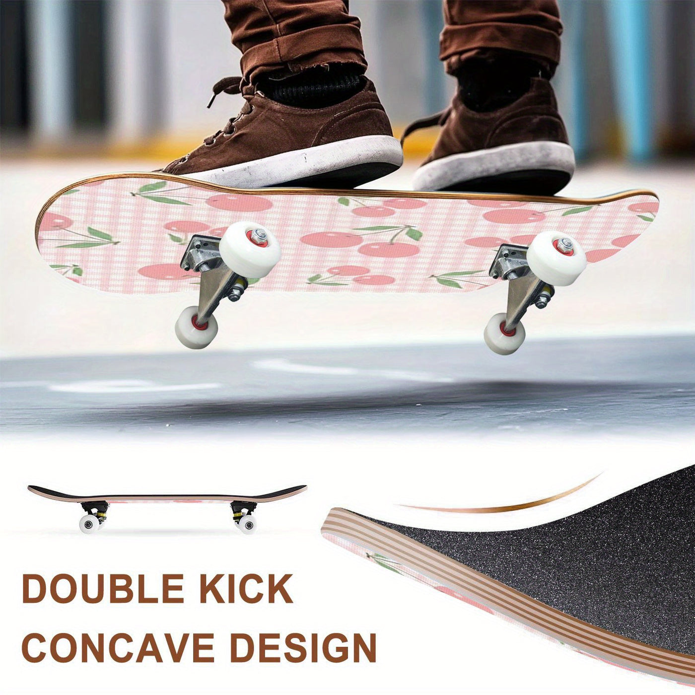 Women's Cute Cherry Blossom Skateboard with Heart Cutouts & Smooth Edges - Pastel Pink & White Checkered Grip Tape, White Trucks, Pink Wheels - All Skill Levels, Ideal for Beginners & Holiday Gifts (Girls' Street Skateboard)