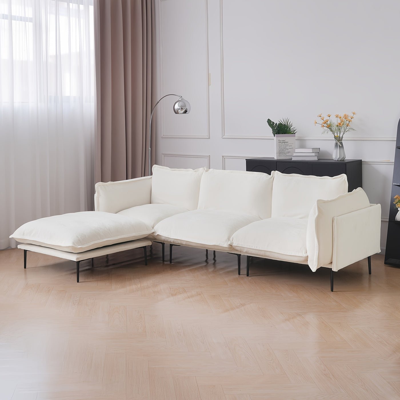 111" L-Shaped Modular Sectional Sofa - 3-Seater Cloud Couch with Movable Ottoman, Deep Seat Low Plush White Modern Sofa for Living Room, Metal Frame & Pillow Backrest, No Assembly Required, Sectional Sofa for Living Room, Ver