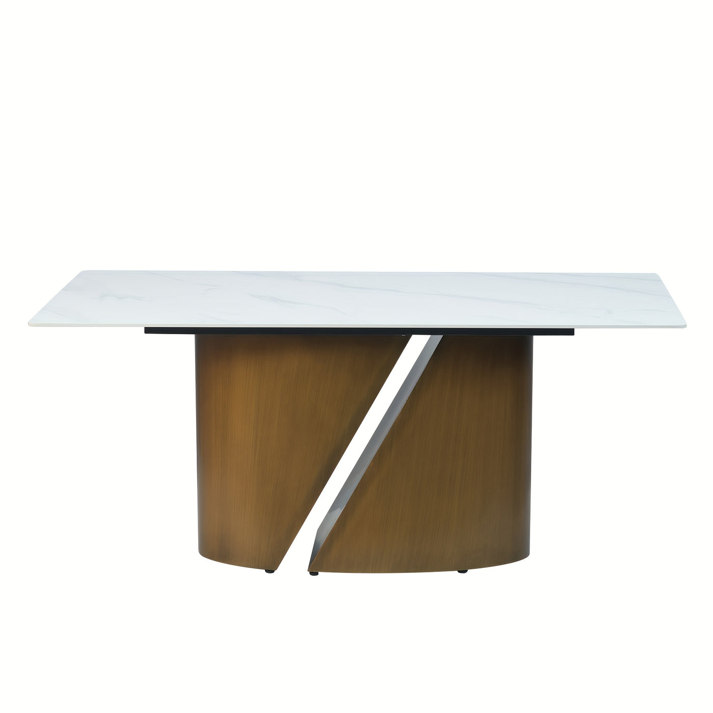 Modern Marble Dining Table for 6-8(Chairs Not Included), 63" White Rectangle Dining Table, Luxury Sintered Stone Dining Tabletop with Bronze Carbon Steel Pedestal Dinner Table for Kitchen Dining Room