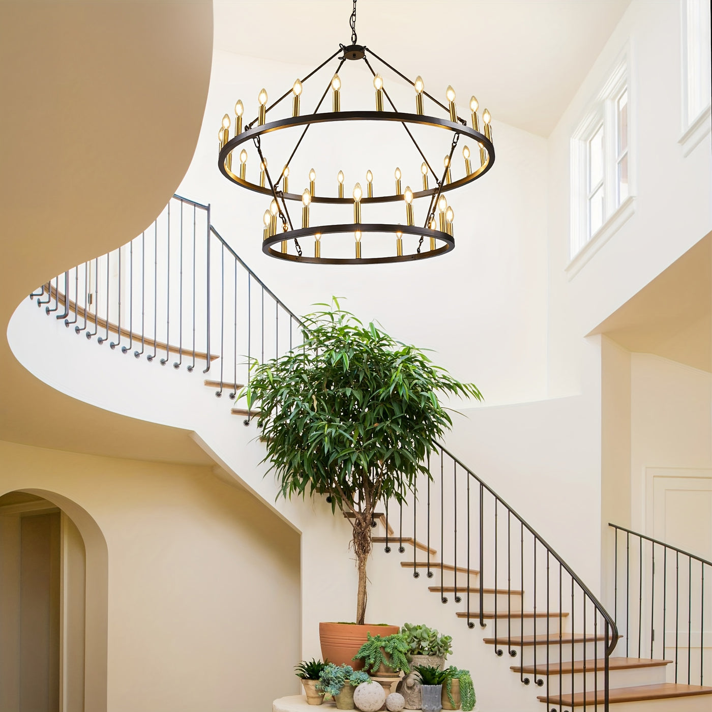 Modern Farmhouse Chandelier 2 Tier Round Wheel Chandelier Large High Ceiling Light.