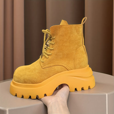 Women'S Chunky Platform Ankle Boots - Mustard Yellow Lace-Up Boots with Non-Slip Rubber Sole, Round Toe & Thick Heel for Casual & Formal Outfits - Spring/Fall Fashion Footwear, High Heel Boots, Versatile Footwear, Durable Con