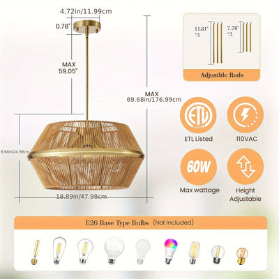 19" Adjustable Height 5-Light Black Rattan Farmhouse Chandelier - Hand-Woven Boho Pendant Light Fixture for High Ceilings, Rustic Dining Room & Kitchen, Easy Install with Hardware Included