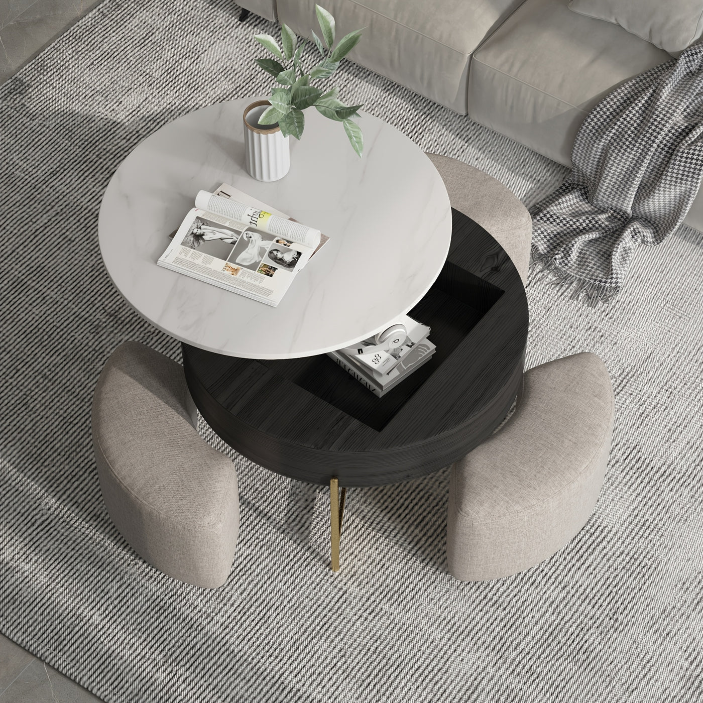 Modern Lift-Top Coffee Table with Storage & Stools - Adjustable Height, Faux Marble Top, Wooden Base, Space-Saving Design for Living Room or Office, Coffee Table for Living Room, Office Furniture, Contemporary Furniture, Eleg