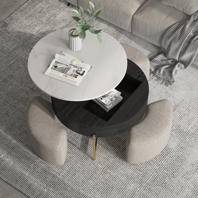 Modern Lift-Top Coffee Table with Storage & Stools - Adjustable Height, Faux Marble Top, Wooden Base, Space-Saving Design for Living Room or Office, Coffee Table for Living Room, Office Furniture, Contemporary Furniture, Eleg