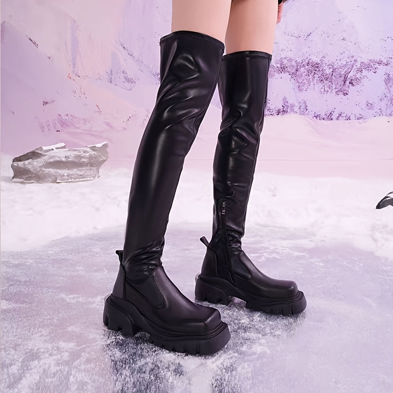 Women's Gothic Elegant Square Toe Chunky High-Heel Ankle Boots with Thick Platform - Winter Faux Cover/Fabric Upper, Zipper Closure & Round-to-Square Heel - All-Black Gothic Boots for Everyday & Formal Outfits, Comfortable Ru