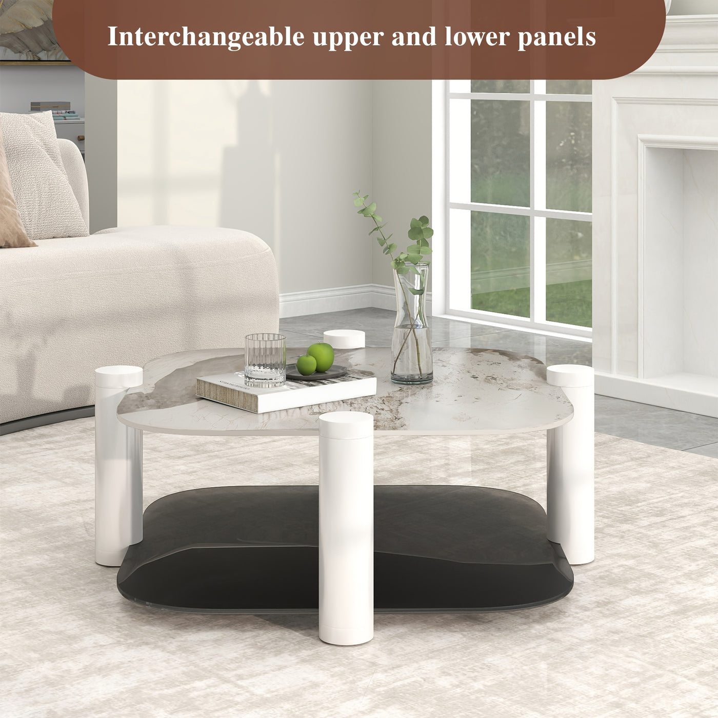 35.4 Inches Coffee Table, 2-layer Storage Space, Round Decorative Table, Rock Board And Glass Can Be Freely Matched, Suitable For Living Room, Bedroom, Small Space