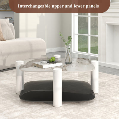 35.4 Inches Coffee Table, 2-layer Storage Space, Round Decorative Table, Rock Board And Glass Can Be Freely Matched, Suitable For Living Room, Bedroom, Small Space