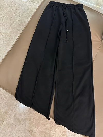 Casual Stretch Slim Fit Crew Neck Button Pullover T-Shirt + Elastic Waist Wide Leg Pants Long Set