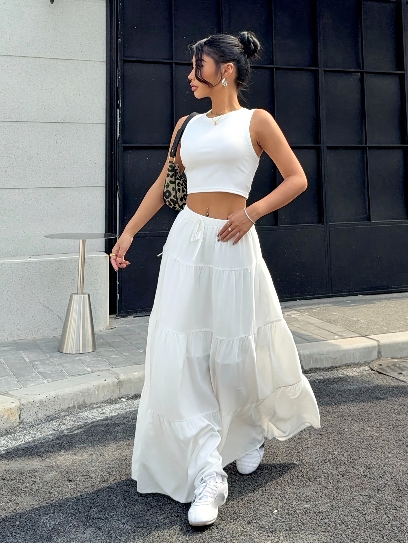 2pcs Women'S Solid Color Crop Top and Maxi Skirt Set