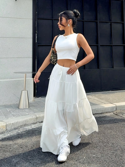 2pcs Women'S Solid Color Crop Top and Maxi Skirt Set