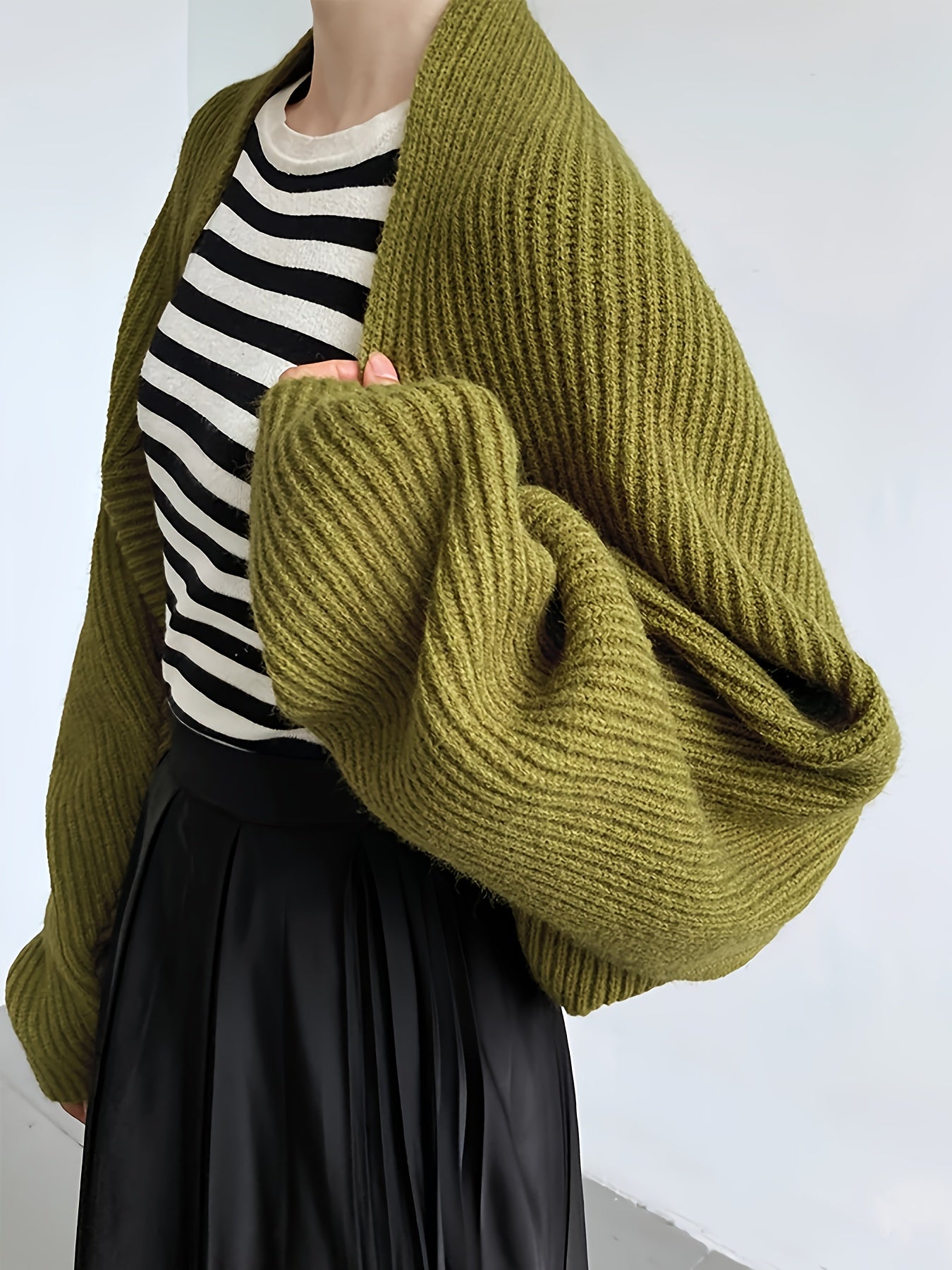 Women'S Olive Green Ribbed Cardigan with Front Button Detail - Casual Off-Shoulder Style, Long Sleeves, Lightweight & Breathable for Spring/Fall, Fall Cardigan | Offshoulder Cardigan | Construction