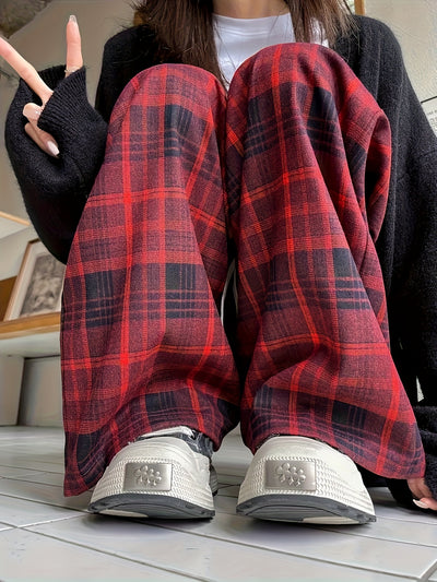 Women's Black & White Plaid Wide-Leg Pants - All-Season Loose Trousers with Drawstring Waist, Non-Transparent Casual Everyday & Formal Outfits, Machine Washable Elegant Pants for Women, Comfortable Clothing, Korean Fashion St