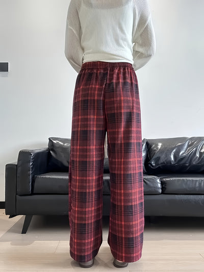 Women's Black & White Plaid Wide-Leg Pants - All-Season Loose Trousers with Drawstring Waist, Non-Transparent Casual Everyday & Formal Outfits, Machine Washable Elegant Pants for Women, Comfortable Clothing, Korean Fashion St