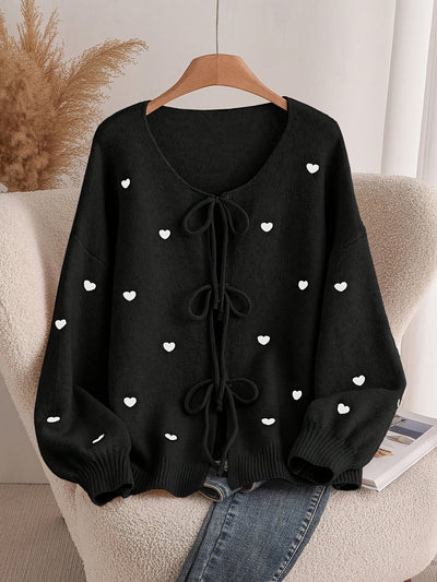 Women'S Soft Pink Sweater - Pastel Pink Cardigan with Front Tie-Waist, Heart Pattern, Boat Neck Longline Blouse for Fall/Winter Layering - Cozy Chic Sweater for Everyday Formal Outfits, Cute Sweaters, Winter Wardrobe, Feminin
