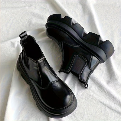 Women's Slip-On Chunky Platform Ankle Boots - Round Toe Winter Casual Shoes with Faux Cover & Fabric Upper, Thick Rubber Sole for Warmth & Traction, Versatile for Everyday & Semi-Formal Outfits, Durable Traction Footwear
