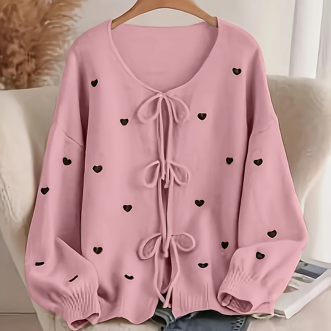Women'S Soft Pink Sweater - Pastel Pink Cardigan with Front Tie-Waist, Heart Pattern, Boat Neck Longline Blouse for Fall/Winter Layering - Cozy Chic Sweater for Everyday Formal Outfits, Cute Sweaters, Winter Wardrobe, Feminin