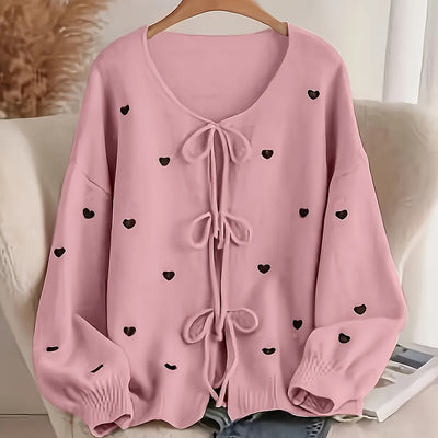 Women'S Soft Pink Sweater - Pastel Pink Cardigan with Front Tie-Waist, Heart Pattern, Boat Neck Longline Blouse for Fall/Winter Layering - Cozy Chic Sweater for Everyday Formal Outfits, Cute Sweaters, Winter Wardrobe, Feminin