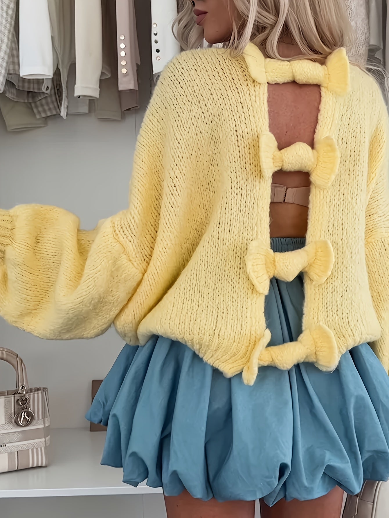 Casual Crew Neck Cardigan with Back Bow Detail