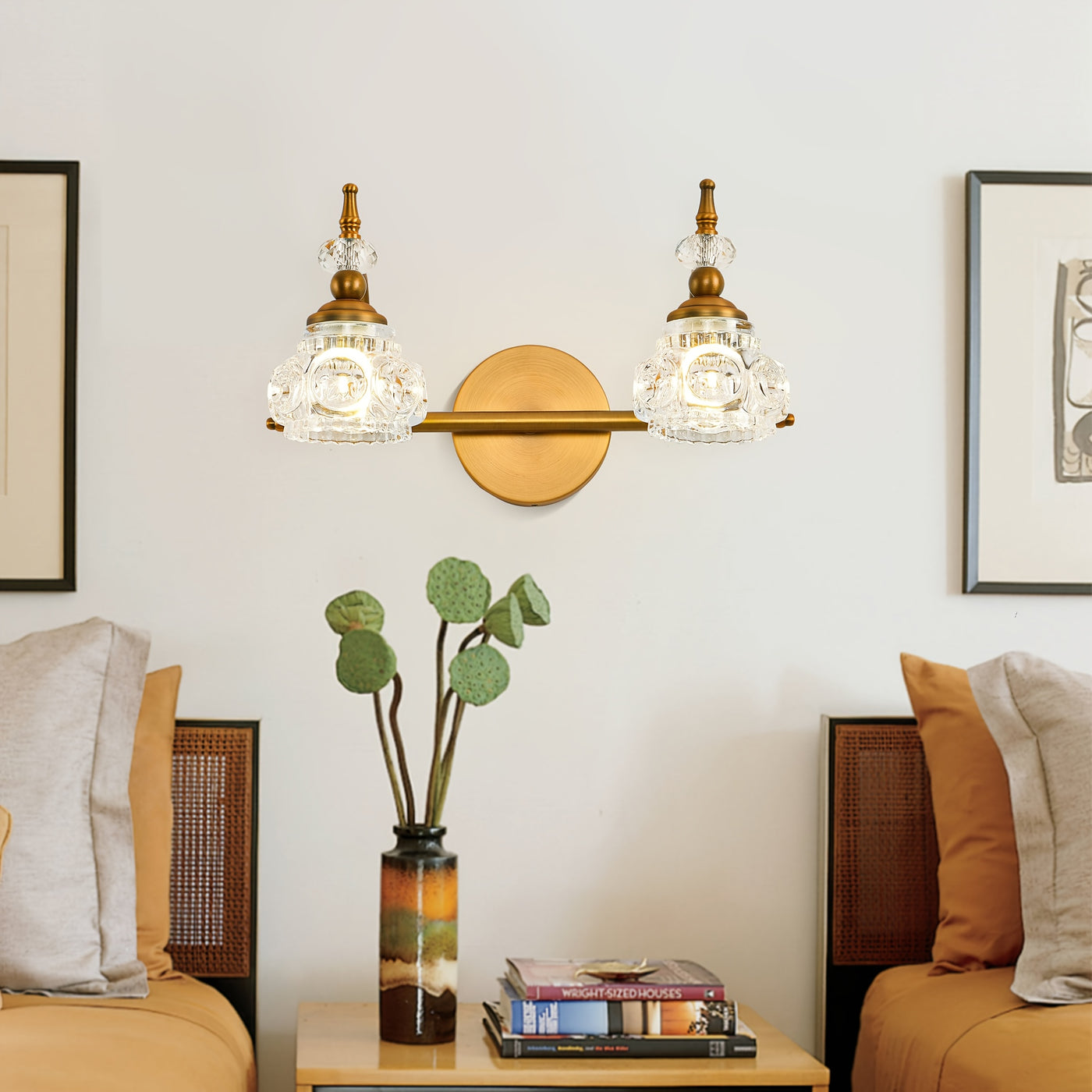 Vintage Golden Bathroom Vanity Light Fixture with 2 Crystal Glass Shades - Elegant Wall-Mounted Design for Living Room, Bedroom, Stairs, Courtyard, Hallway - Polished Finish, Semi-Flush Mount, Hardwired, 110-220V, Bathroom De