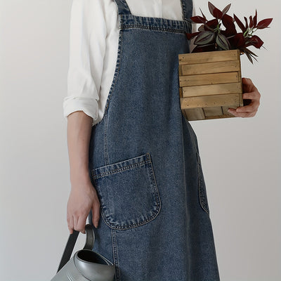 1pc Japanese Korean Style Pure Cotton Canvas Denim Apron, Washable Kitchen Bib, Workwear, Kitchen Apron With Front Pockets, Kitchen Supplies