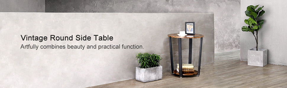 Side Table Round Table with Steel Frame Easy Assembly