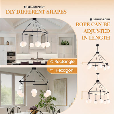 6-Light Modern Chandelier For Dining Room, Sputnik Ceiling Light Fixture With White Glass Globe Bubble, Adjustable Mid Century Chandelier Foyer Chandeliers For High Ceilings