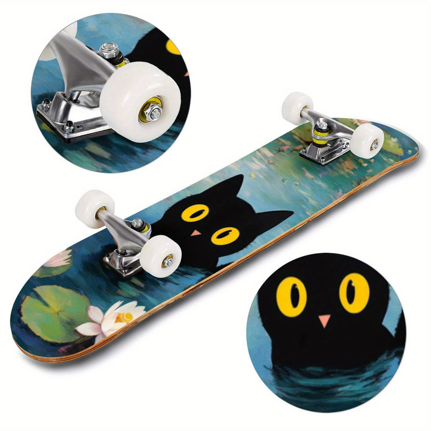 Black Cat Graphic Skateboard with Vibrant Street Art Design - Double Kicktail, ABEC-7 Bearings & Grip Tape for All Skill Levels - Durable Beginner to Pro Skateboard - Perfect Holiday Gift, Skateboarding for Fun, Playful Skate