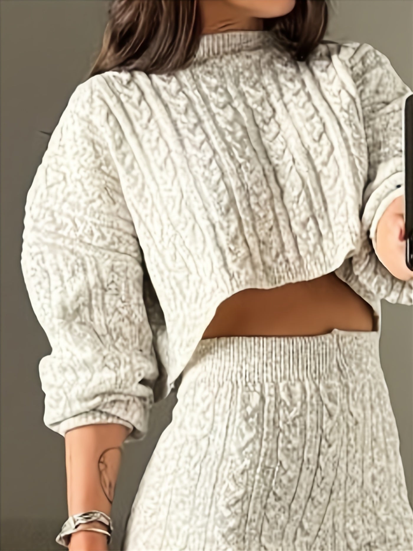A Two-Piece Set Featuring a Round-Neck Long-Sleeve Cable- Cropped Sweater And High-Waisted Shorts for .