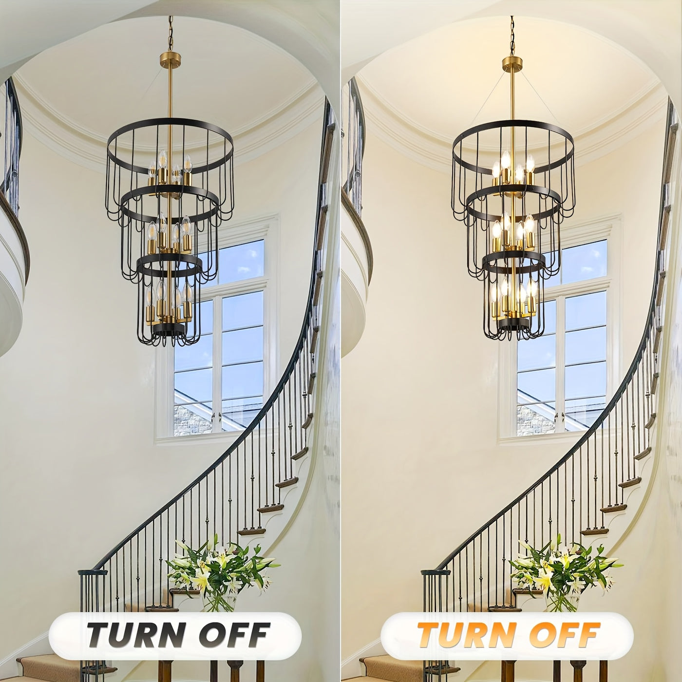 18 Inch Farmhouse Chandelier - 12-Light Adjustable Tiered Pendant Light Fixture, Black & Golden Modern Rust-Resistant Metal Lantern for Entryway, Staircase, Foyer, Dining Room - Semi-Flush Mount, E12 Bulb Compatible (Bulbs No