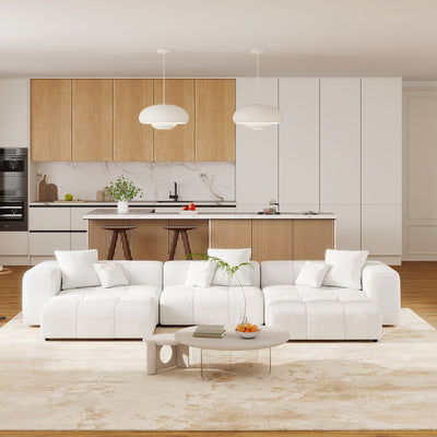 144" Modern White Linen Modular Sectional Sofa with 2 Ottomans - 3-Seater L-Shaped or U-Shaped Configurations, Plush Cushioned Deep Seat, Hardwood Frame & Chenille Fabric, Removable Washable Cover, Neutral-Toned Living Room C