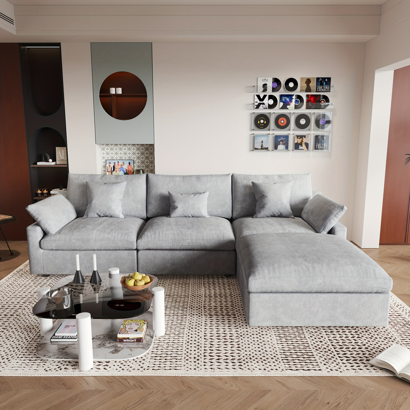 Modern Modular Sectional Sofa with Chaise Ottoman - L-Shaped 119.29" Large Couch, Black Linen Fabric, Washable Removable Cushions & Adjustable Backrest Pillows, Deep Seat Sofa for Living Room, Open-Concept Spaces, Frame, Modu