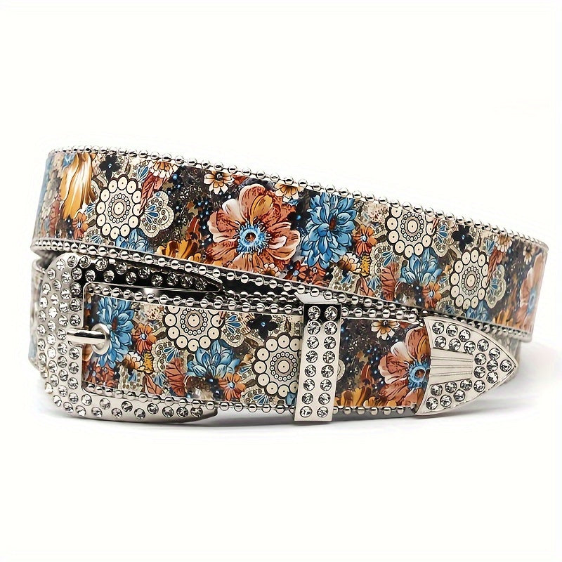 Vintage Boho Floral Print Skull Belt - Y2K Street Style with Pin Buckle, Rhinestone Accents, Waistband for Jeans, Dresses & Pants, Wedding & Casual Attir
