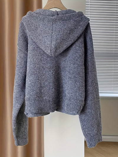 Solid Zipper Drawstring Hooded Cardigan, Casual Long Sleeve Loose Cardigan For Fall & Winter, Women's Clothing