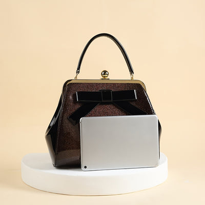 [Elegant Handbag] High Quality Lacquered Handbag | 2024 Autumn New Korean Polka Dot for Women - Kiss Lock Closure, Removable Shoulder Strap & Bow Detail, Glossy Patent Look (Black/White, Bronze, Pink & White) - Perfect for We
