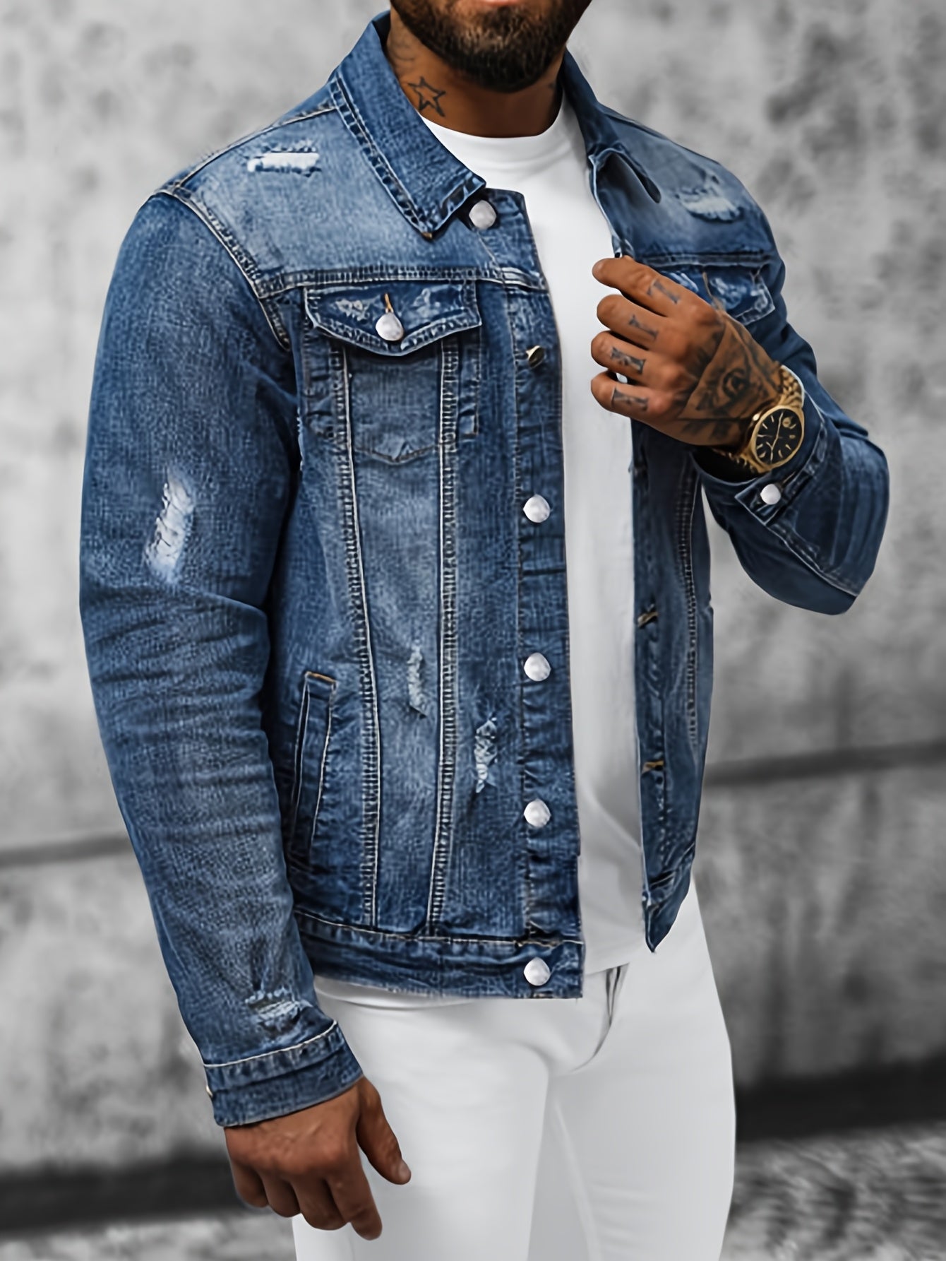 Men'S Slim Fit Jeans Jacket - Non-Stretch Denim Coat, Classic Button Closure, Edgy Streetwear Look for Teens & Adults, Casual Everyday & Formal Outfits, Versatile Layering, Korean Fashion, Durable Fabric, Stylish Outerwear, F