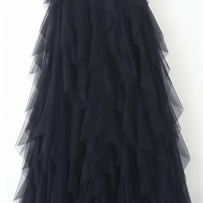 Chic Elegance, Elegant High-Waist A-Line Tulle Skirt for Women - Chic Korean-Style Spring Collection, Sheer Brown Polyester with Delicate Mesh Layers, Perfect for Summer Skirt