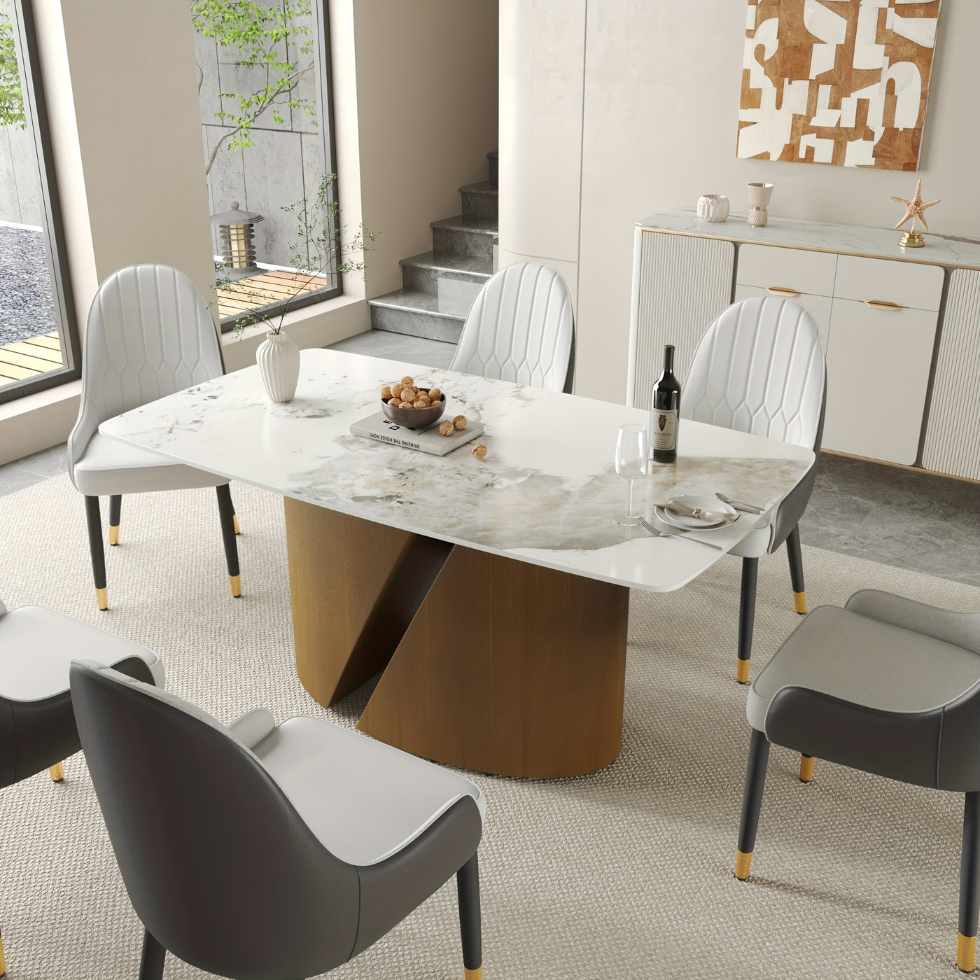 Modern Marble Dining Table for 6-8(Chairs Not Included), 63" White Rectangle Dining Table, Luxury Sintered Stone Dining Tabletop with Bronze Carbon Steel Pedestal Dinner Table for Kitchen Dining Room