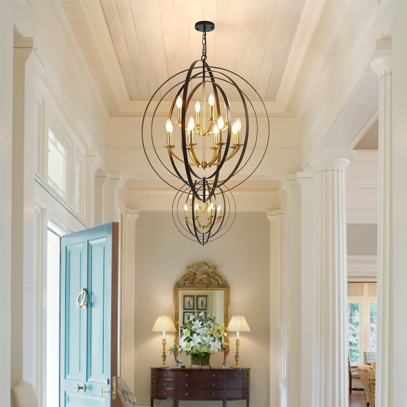 12-Light Modern Farmhouse Chandelier - 31.5" Black Round Pendant Light Fixture for High Ceilings, Adjustable Height (32"-90"), E12 Bulb Compatible, Entryway, Kitchen Island, Staircase & Foyer Lighting, Versatile Lighting Fixt