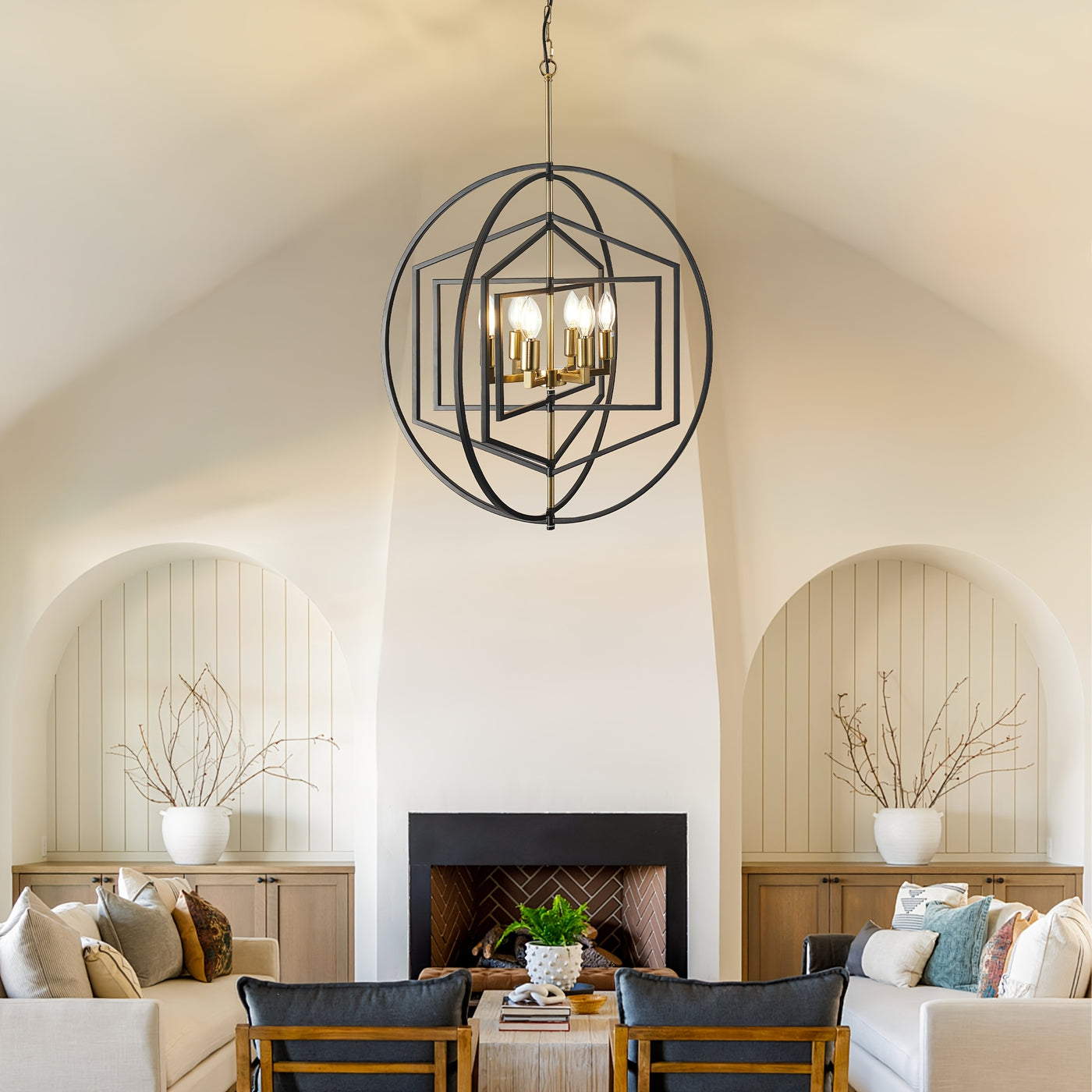 26" Farmhouse Chandelier, 6 Light Black And Golden Chandelier, Large Chandeliers For High Ceilings, Round Pendant Lights For Living Room, Staircase