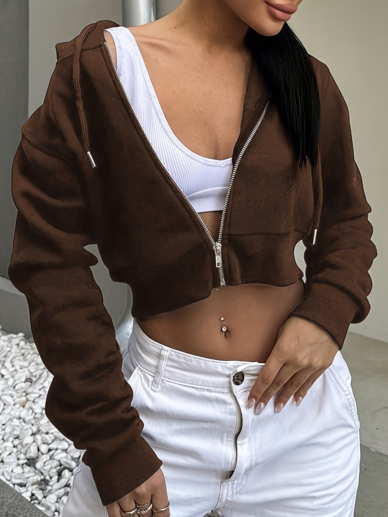 Women'S Brown Zip-Up Hoodie Jacket - Casual Long Sleeve, Ribbed Waist, Front Zipper, Perfect for Fall & Winter, Autumn Jacket | Zipper Hoodie | Ribbed Belt, Zipper Hoodie