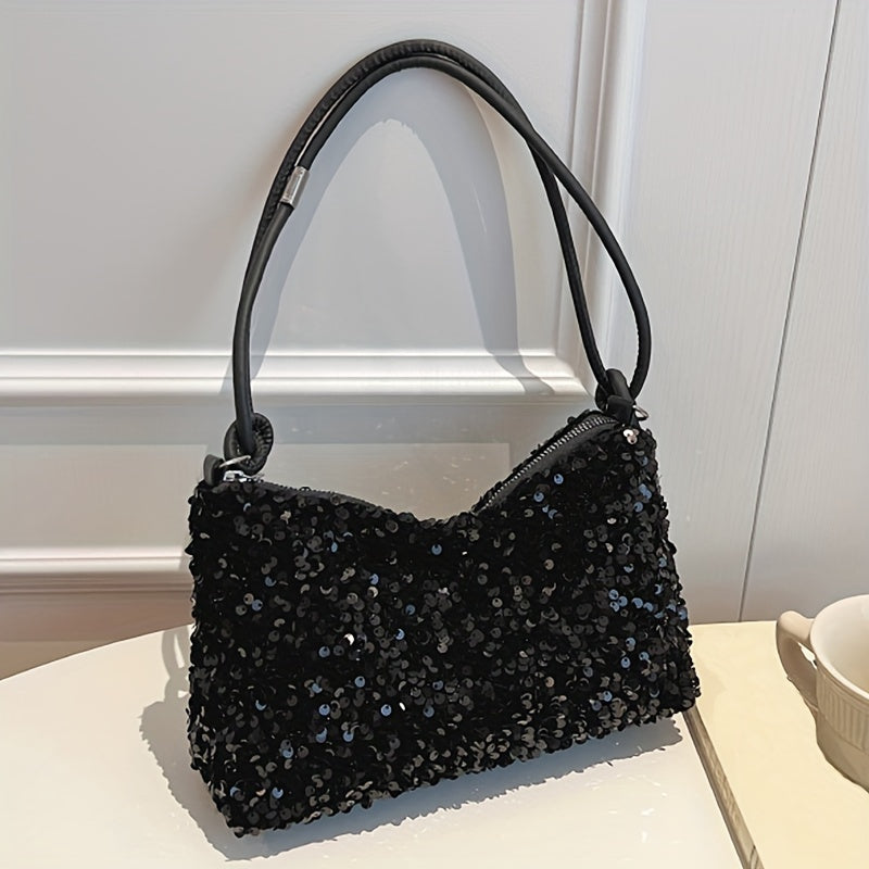 Urban Essentials, Chic Black Sequin Shoulder Bag for Women - Trendy Korean Style, Lightweight Nylon Handbag with Fixed Strap and Zip Closure, Polyester Lined