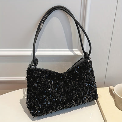 Urban Essentials, Chic Black Sequin Shoulder Bag for Women - Trendy Korean Style, Lightweight Nylon Handbag with Fixed Strap and Zip Closure, Polyester Lined