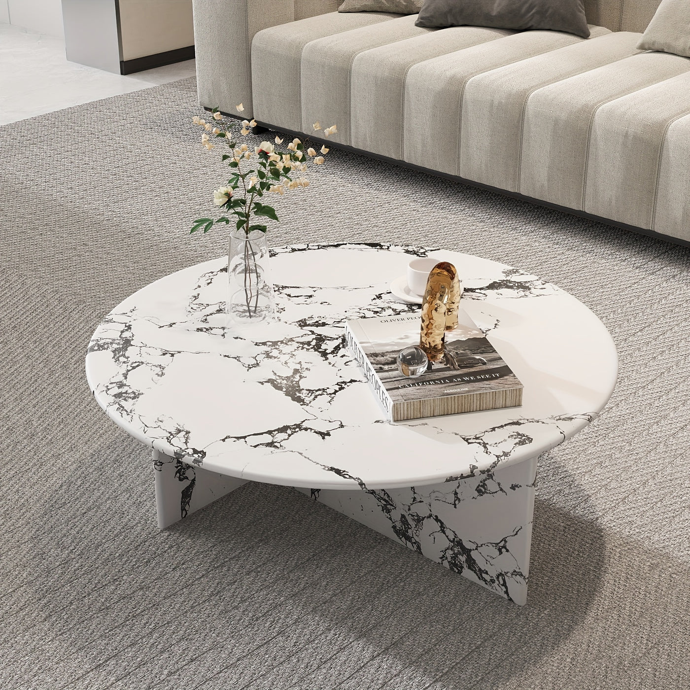 33.5" Marble Round Coffee Tables For Living Room, Center Table For Waiting Area, Space-Saving Coffee Table For Living Room