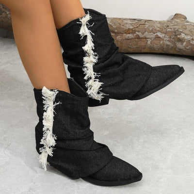 Women'S Slip-On Ankle Boots with Fringe Detail - Round Toe Low Block Heel, Microfiber Cover & Rubber Sole, Comfortable Casual to Dressy Shoes for Casual Attire, Stylish Footwear, Durable Construction, Fashion Lovers