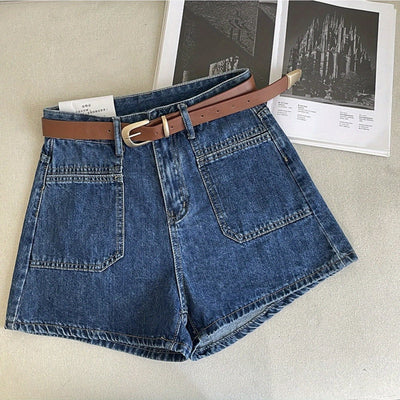 Women's High-Waisted A-Line Denim Shorts - Summer 2024 Fashion, Versatile Korean Style Wide-Leg Hot Pants, White & Pinkish-Beige Jean Shorts with Adjustable Belt, Casual Streetwear for Women, Adjustable Fit Shorts | Buckle De