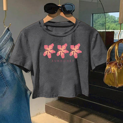 Women'S Floral Print Crop Top T-Shirt - "SUNHONEY" Design with Pink Butterflies, Casual Round Neck Short Sleeve Tee, Lightweight Polyester, Machine Washable, Perfect for Spring/Summer Outfits, Spring Fashion Top | Butterfly P
