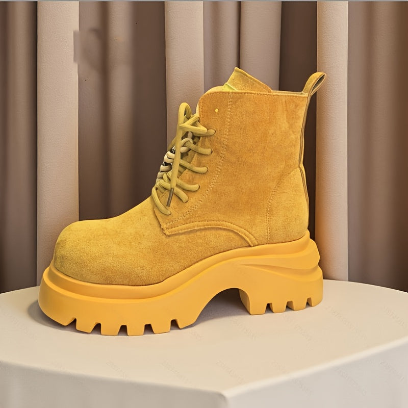 Women'S Chunky Platform Ankle Boots - Mustard Yellow Lace-Up Boots with Non-Slip Rubber Sole, Round Toe & Thick Heel for Casual & Formal Outfits - Spring/Fall Fashion Footwear, High Heel Boots, Versatile Footwear, Durable Con